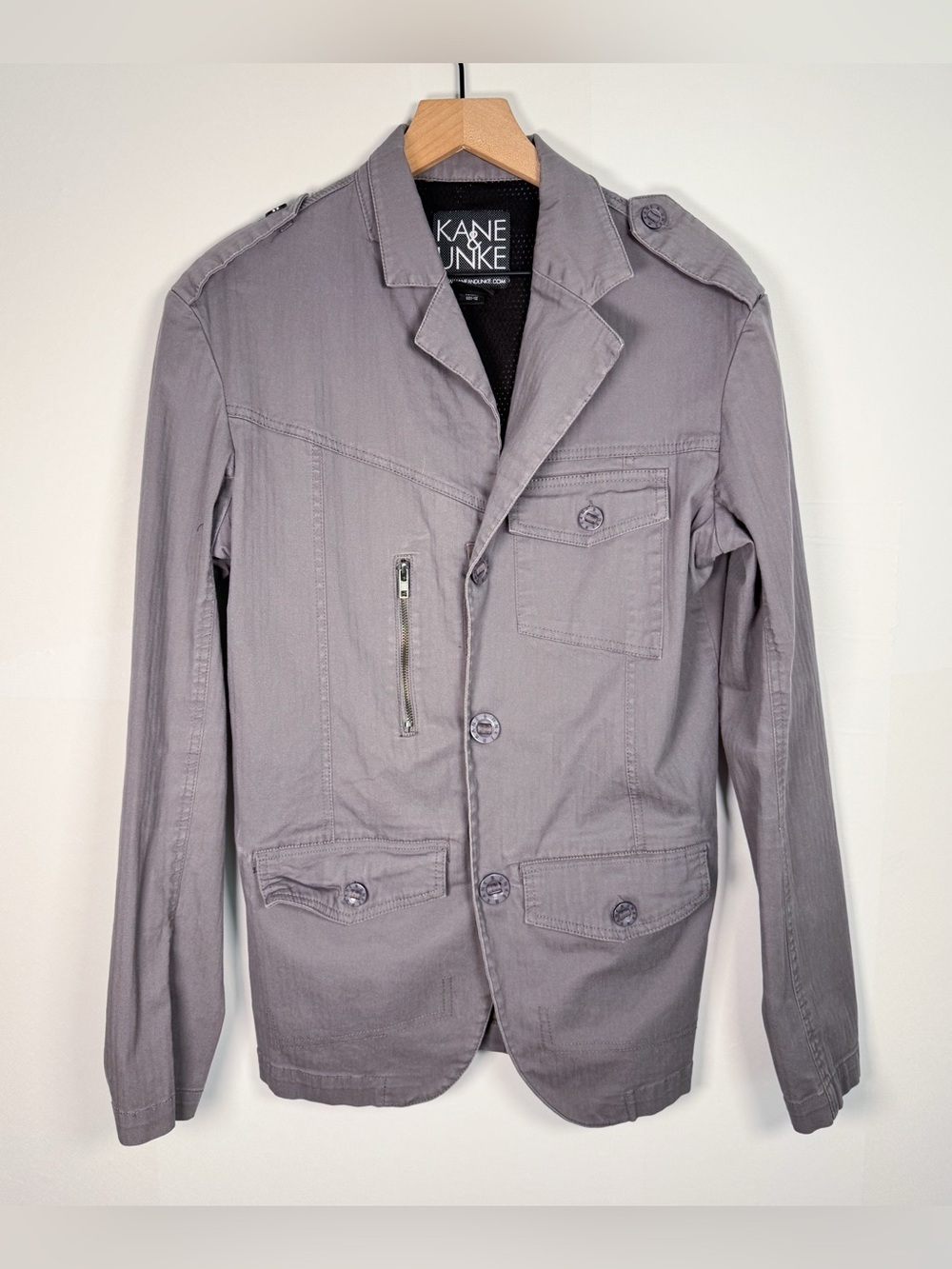 KANE & UNKE Men’s Gray Pinstriped Utility Button Front Blazer Jacket Sz L